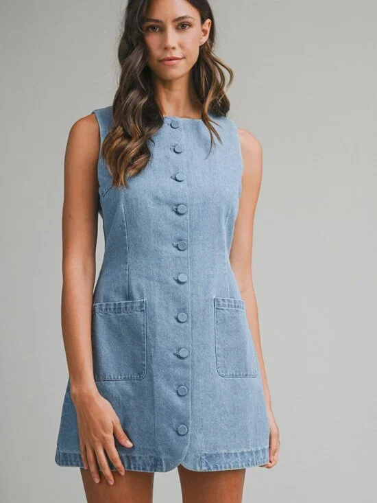 NWT Mable Button Down Sleeveless Mini Light Blue Denim Dress - Picture 3 of 5